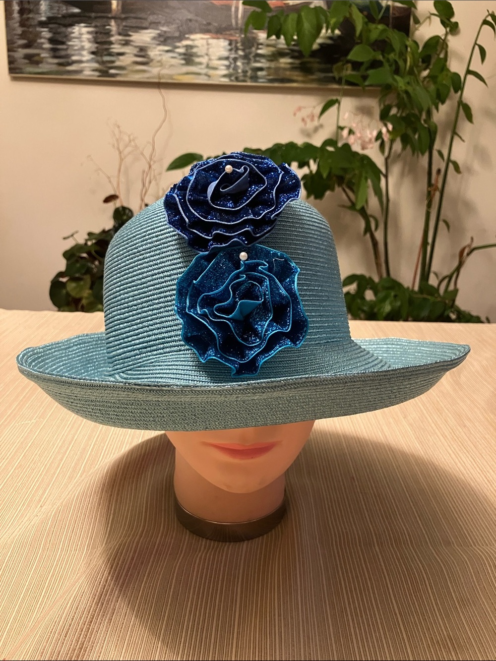 Elegant Metallic Teal Blue Hat with Decorative Metallic Rosettes